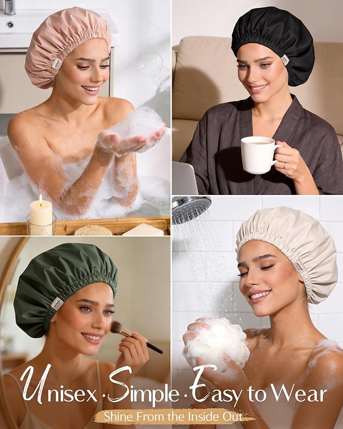 Yanibest Satin Lined Shower Cap for Women Reusable Waterproof, Frizz Free & Large Bath Cap with Soft Elastic Band, Luxury Hair Protection Caps (Beige)