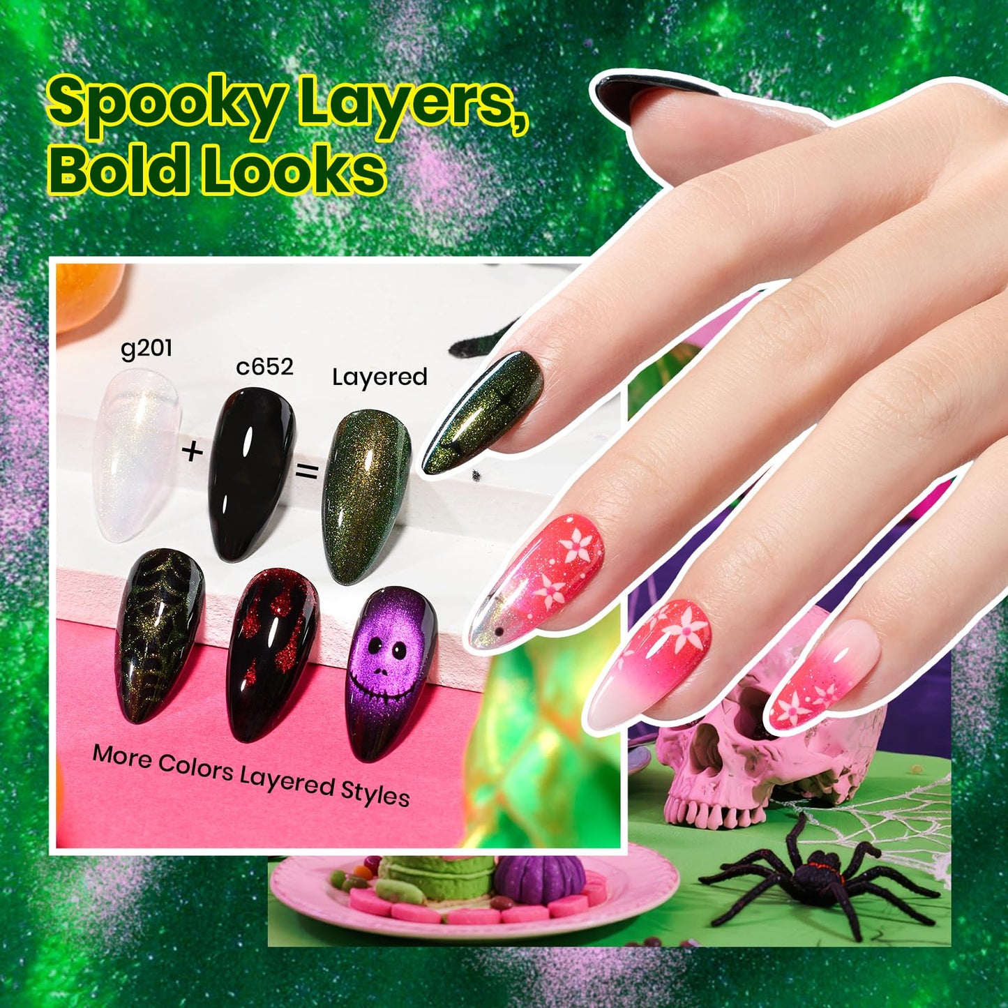 Beetles Gel Nail Polish Set – Wicked Mystic 8 Colors Gel Polish Kit, Gold Silver Black Green Blue Cat Eye Purple Red Glitter with Nail Art Accessories UV LED Soak Off Manicure Gift for Women