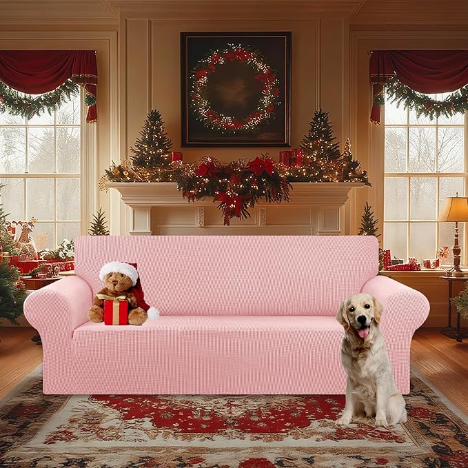 KEKUOU Stretch Oversized Sofa Slipcover 1 Piece Couch Sofa Cover (94"-110") Furniture Protector 4 Seater Sofa with Elastic Bottom for Kids,Pet.Jacquard Checked Pattern Fabric(X Large,Dusty Pink)