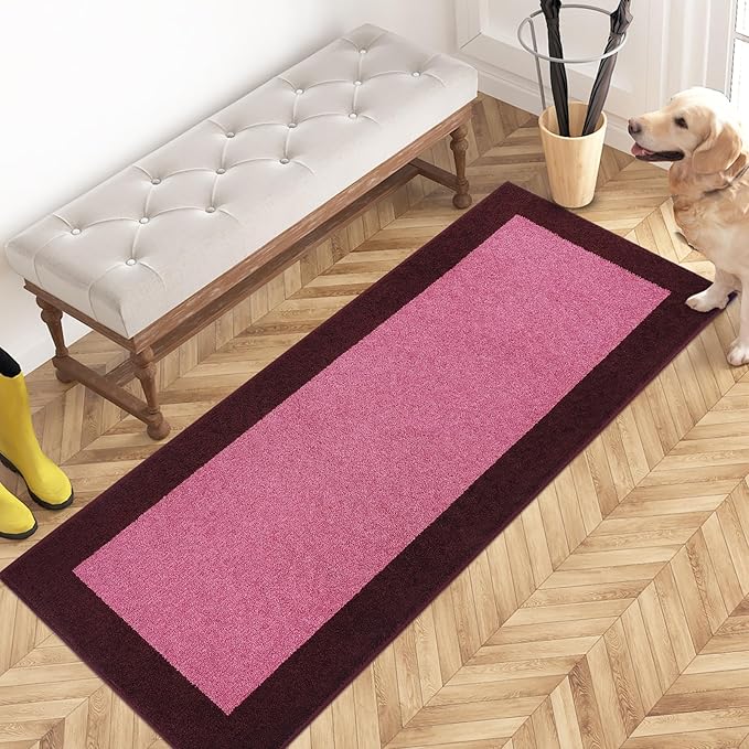 PURRUGS Dirt Trapping Door Mat 24" x 60", Non-Slip Washable Entry Mat, Dog Doormat, Front Door Mat, Super Absorbent Entrance Mat for Muddy Shoes & Paws, Pink & Burgundy Red