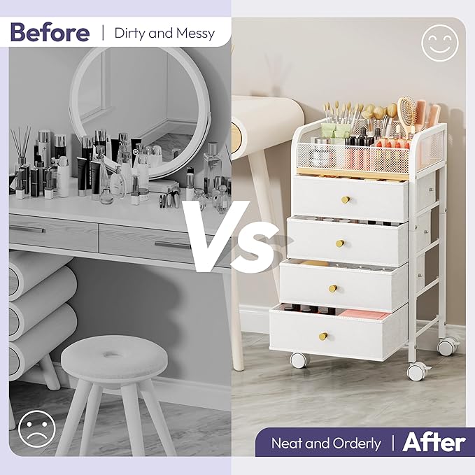 SWTYMIKI Rolling Makeup Organizer Cart - 14.96Ã¢ÂÂ³*11.81Ã¢ÂÂ³*27.55Ã¢ÂÂ³ Widened Under Desk Vanity Storage with 4 Non-woven Drawers, Cosmetic Display Cases for Skin Care Perfume Nail Polish Brush Hair Tool White