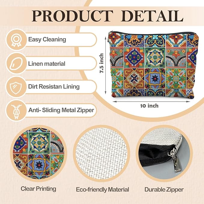 Bohemian Tile Pattern Makeup Bag, Ethnic Moroccan and Mexican Talavera Tile Cosmetic Bag for Women, Vintage Floral Makeup Pouch, Mexican Gifts for Women