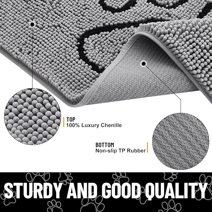 Smiry Dog Door Mat for Muddy Paws, Absorbent Dirt Trapper Non Slip Quick Dry Washable Chenille Mat for Mud Dogs, Entry Rug for Indoor and Outdoor (36x24 Inches, Grey and Black)