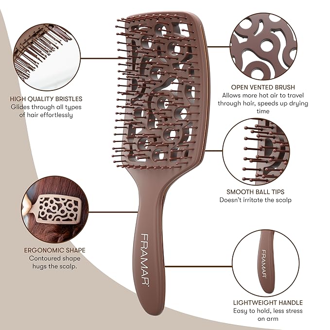 FRAMAR Professional Vented Hair Brush – Curved Hair Brush For Blow Drying, Wet Paddle Brush For Hair, Vent Brush For Blow Drying, Wet Hairbrush For Women – Heat Resistant – Chocolate