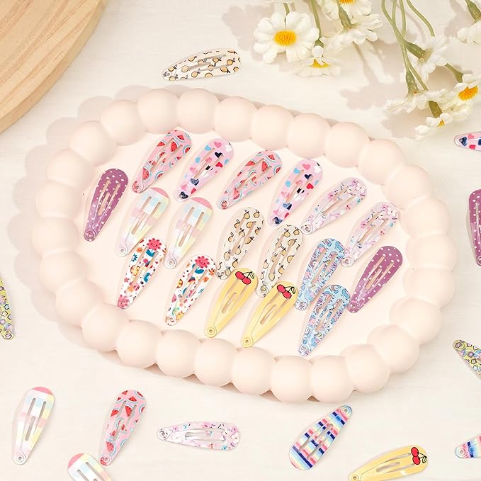 1Inch Cartoon Snap Hair Clips, 60Pcs Small Clips for Little Girls, Baby Infant 3cm Flower Print Hair Clips Barrettes for Toddlers Hair Accessories