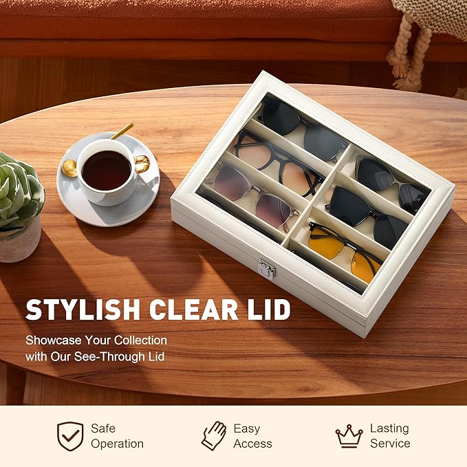 CO-Z Sunglasses Organizer with 8 Slots, Leather Eyeglasses Storage Box for Multiple Glasses, Lockable Display Case for Women Men, Glasses Holder for Watches Jewelry Collection, White