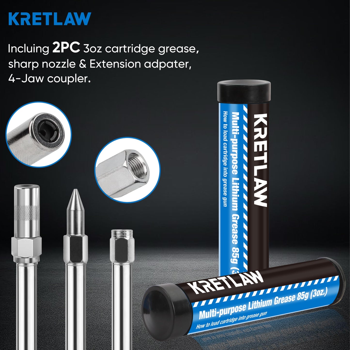 KRETLAW Mini Grease Gun (3000PSI) with Double 3oz Cartridge Grease and 12'' Flex Hose, Reinforced Coupler for Automotive,Marine
