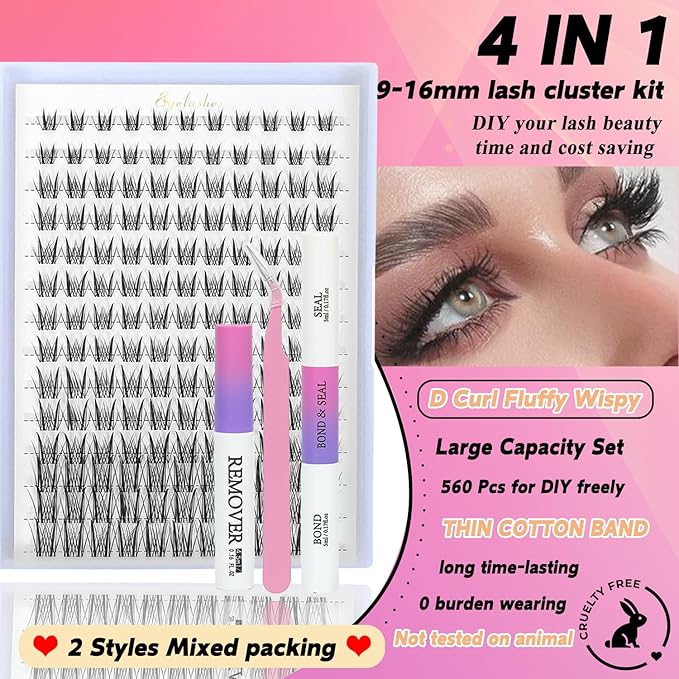 Lash Clusters Kit, 560 Pcs Eyelashes Clusters Kit 9-16mm Individual Lash Extension Kit D Curl Fluffy Wispy False Eyelashes (Lash Clusters Kit)