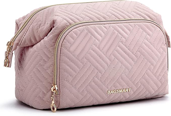 BAGSMART Travel Makeup Bag, Cosmetic Bag Make Up Organizer Case,Large Wide-open Pouch for Women Purse for Toiletries Accessories Brushes Pink