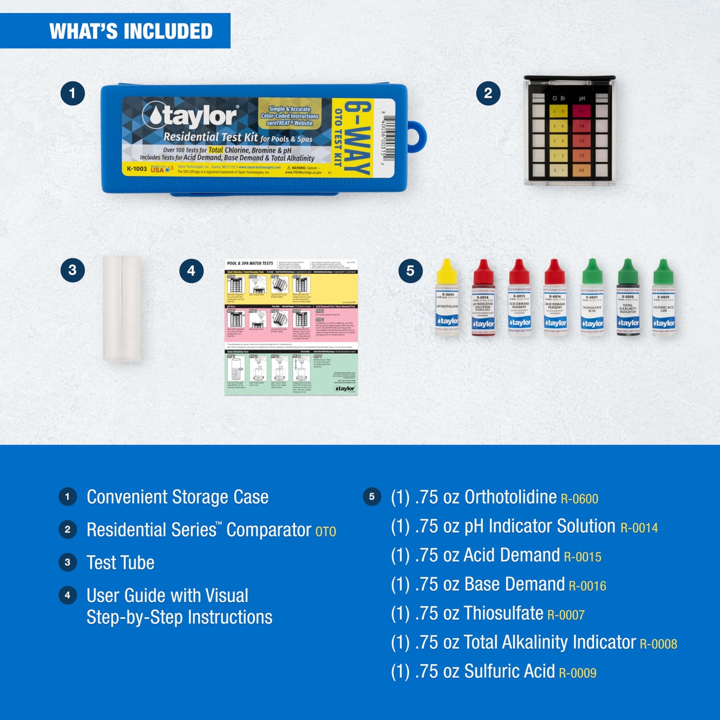Taylor K-1003 OTO, 6-in-1 Pool Test Kit for for Total Chlorine, Bromine, pH, Acid & Base Demand, Total Alkalinity, 100+ Tests, Quick & Easy for Pools & Spas | Made in the USA