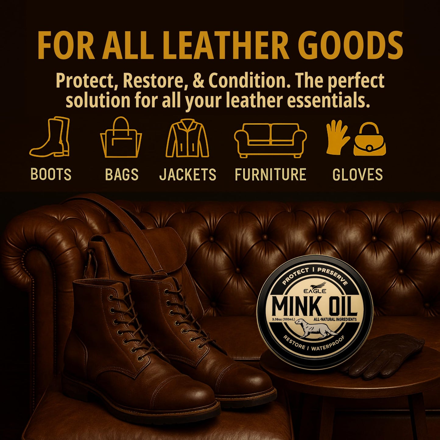 4-in-1 Mink Oil Leather Conditioner Kit – 3.52oz Waterproof Paste with Horsehair Brush, Sponge & Microfiber Cloth – Leather Cleaner & Protector for Boots, Shoes, Jackets, Saddles & Bags