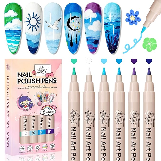 6 Colors Nail Art Pens Set, 3D Nail Polish Pens Quick-Drying Acrylic Paint Markers, Dotting Liner Brush for DIY Nail Design, Home & Salon Manicure Tools