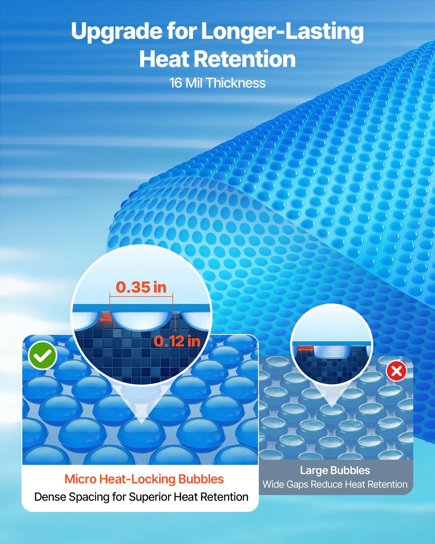 VEVOR Solar Pool Cover, 24 ft Round Pool Bubble Cover, 16 Mil Pools Solar Blanket with Bubble & PE Material, Daytime Heat Absorption, Nighttime Heat Retention, Heat Retaining Solars Covers, Blue