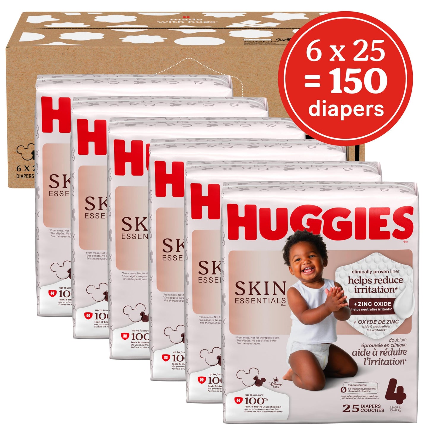 Huggies Size 4 Diapers, Skin Essentials Baby Diapers, Size 4 (22-37 lbs), 150 Count (6 Packs of 25), Packaging May Vary