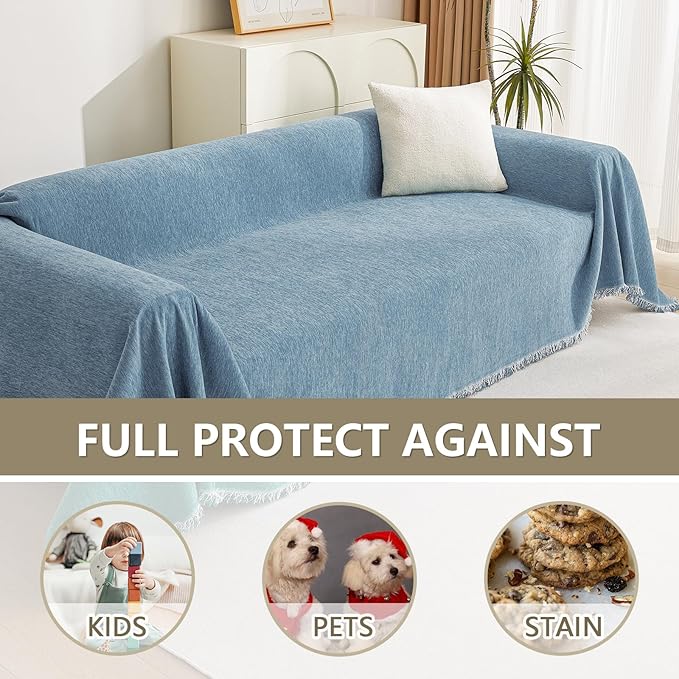 MYSKY HOME Chenille Couch Cover, Sofa Slipcover for 2-3 Cushion Sectional Couch, Machine Washable Soft Furniture Protector with Tassels, Futon Sofa Covers, Throw for Dogs, Kids 71" x 150", Blue
