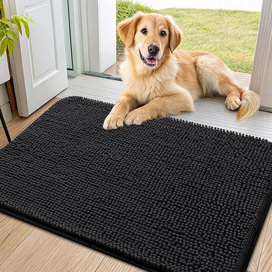 Smiry Dog Door Mat for Muddy Paws 40x24, Absorbs Moisture and Dirt Doormat, Non-Slip Washable Quick Dry Chenille Front Door Mat Indoor Entrance, Entryway Carpet for Inside Floor, Black