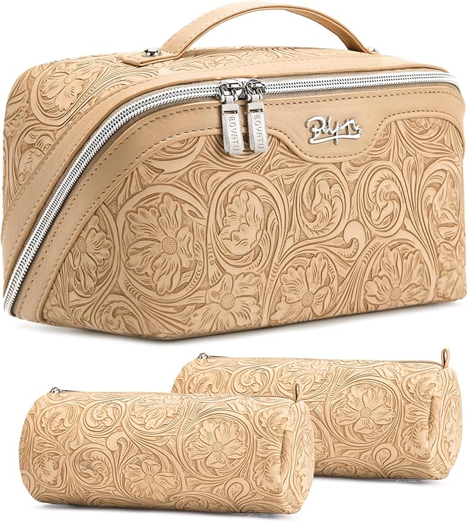 BOYATU Travel Makeup Bags Cosmetic Organizer Bag: 3 Pcs Set Large Capacity Floral Make up Bag with Compartments - Waterproof Leather Toiletry Bags with Handle for Women (17-Apricot)