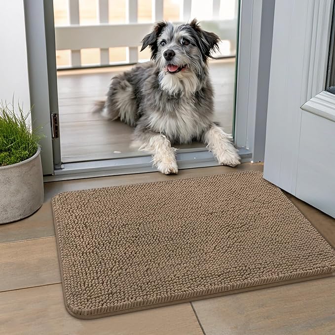 Smiry Dog Door Mat for Muddy Paws 24x16, Absorbs Moisture and Dirt Doormat, Non-Slip Washable Quick Dry Chenille Front Door Mat Indoor Entrance, Entryway Carpet for Inside Floor, Camel