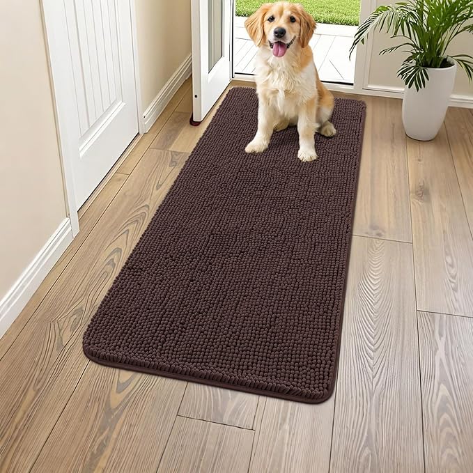Smiry Dog Door Mat for Muddy Paws 44x24, Absorbs Moisture and Dirt Doormat, Non-Slip Washable Quick Dry Chenille Front Door Mat Indoor Entrance, Entryway Carpet for Inside Floor, Brown