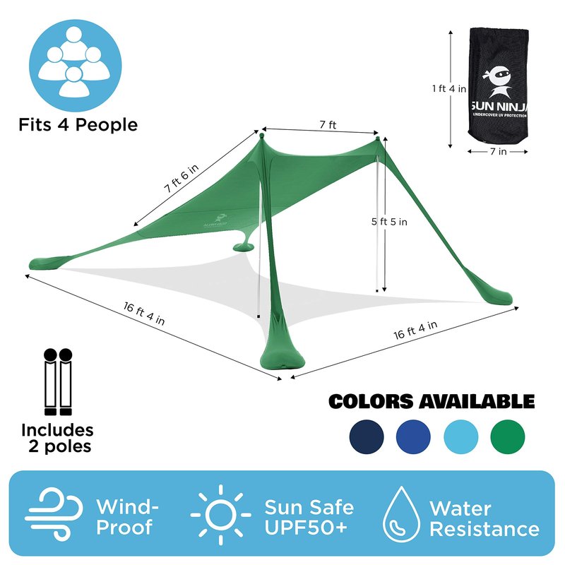 SUN NINJA Pop Up Beach Tent Sun Shelter UPF50+ with Sand Shovel, Ground Pegs and Stability Poles, Outdoor Shade for Camping Trips, Fishing, Backyard Fun or Picnics (7x7.5 FT 2 Pole, Green)
