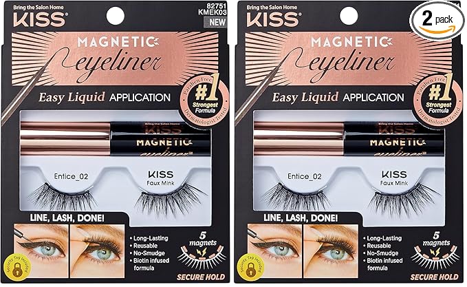 KISS Magnetic False Eyelashes and Eyeliner, ‘Entice’, 12mm, Easy to Apply, Reusable, No Glue, Flexiband Technology, Precision Felt Tip, Fortified Formula, 1 Pair Strip Lashes (Pack of 2)