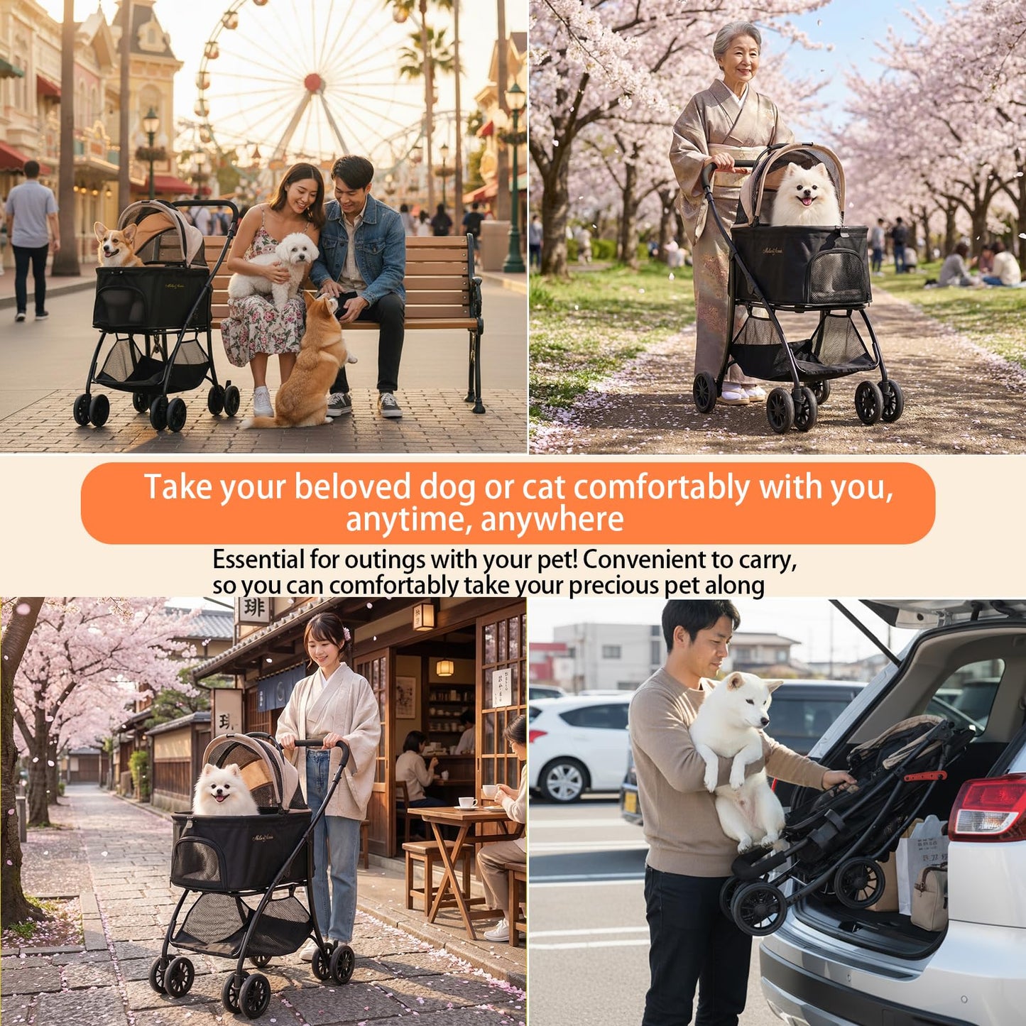 MILA&LOUIS Pet Stroller, 22" Pet Cradle for Small Dog, Dog Stroller with 4 Pu Wheels, 10Lbs Ultra-Light Dog&Cat Stroller for Small Pets, Max 22Lbs Capacity Detachable & Foldable Design with Cup Holder