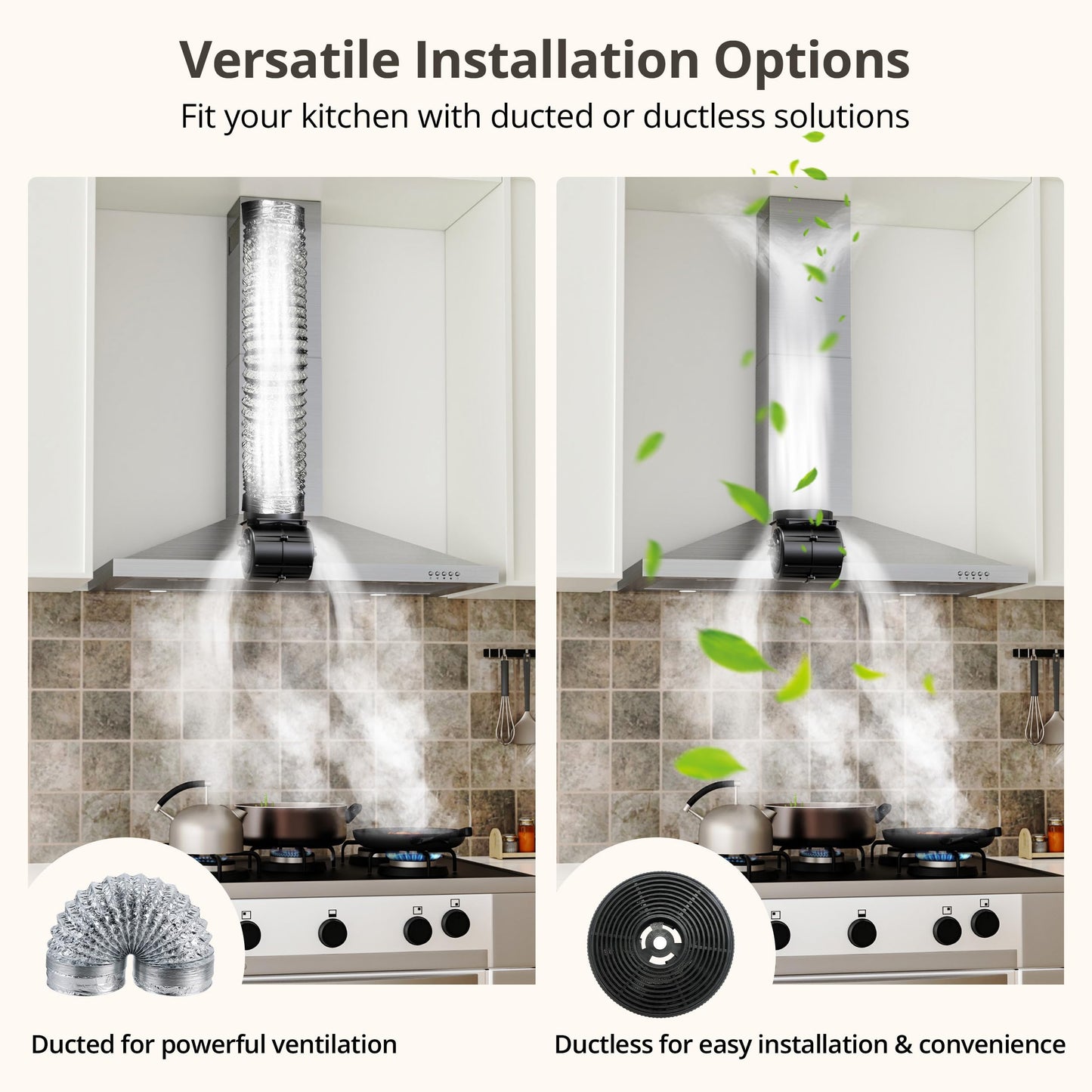 FIREGAS Range Hood 36 inch with Ducted/Ductless Convertible, 450 CFM Stainless Steel Wall Mount Chimney-Style Kitchen Hood, Over Stove Vent Hood with 3 Speed Fan, Charcoal Filters
