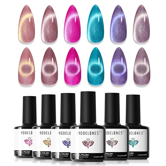 Modelones Cat Eye Gel Nail Polish Set, 6 Colors Coloful Neon Galaxy Champagne Lake Blue Grape Purple Gold Brown Hot Pink 9D Glassy Cat Eye Glitter Gel Polish with Magnet LED Soak Off Manicure Gift