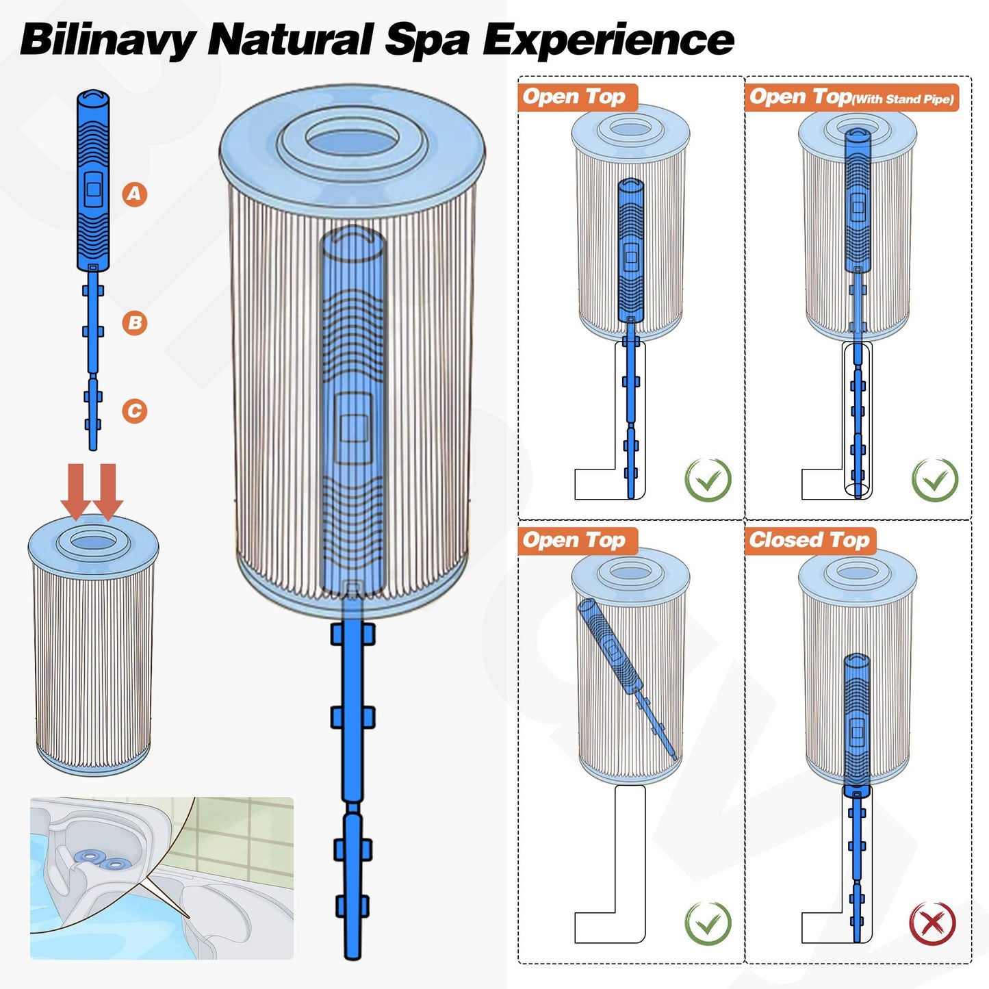 Bilinavy Spa in-Filter Mineral Sticks Parts for Hot Tub Filter Cartridge, Last for 4 Months, Blue, 2PCS