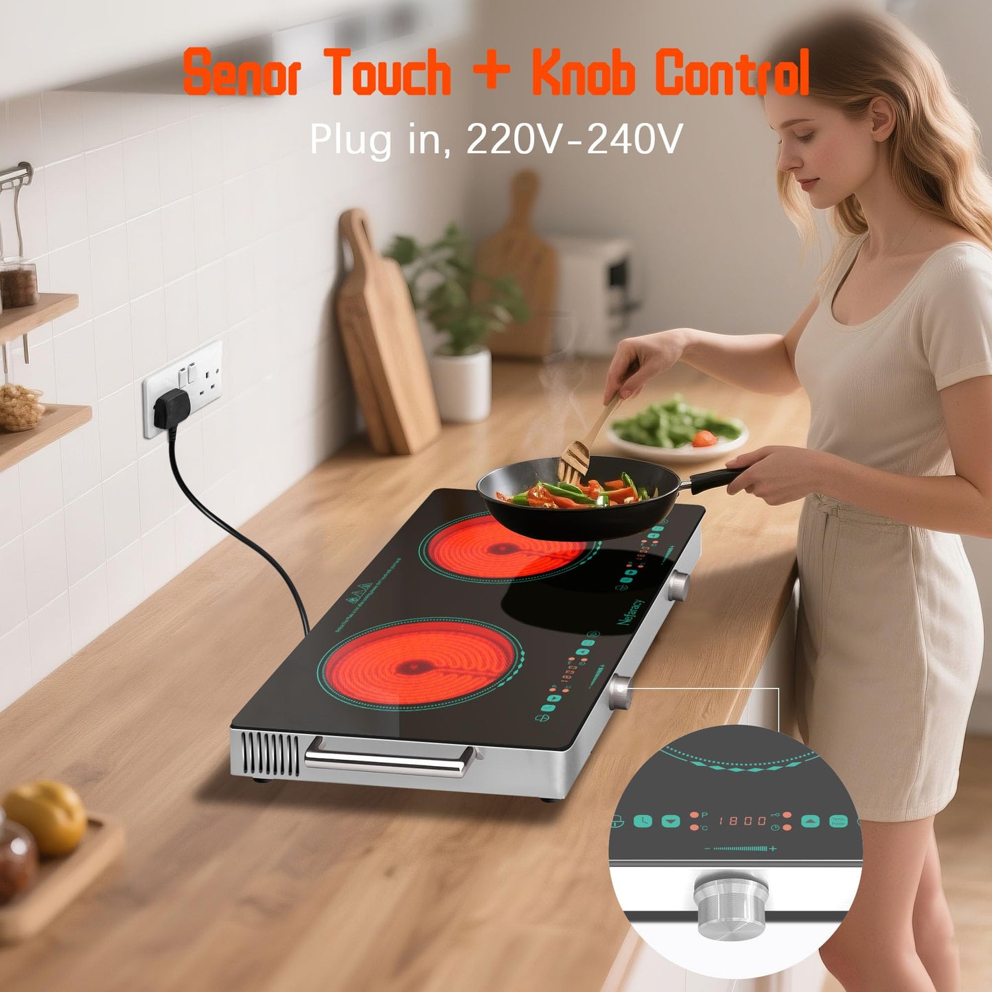 2 Burner Electric Cooktop 24 Inch, 110V 2000W Portable Electrics Stove Top with Handle, 9 Power Settings, Senor Touch & Knob Control, Safety Lock, Timer, 110-120V Plug in (2 Burner Green)