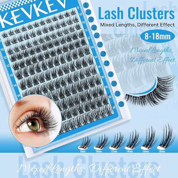 KEVKEV Lash Clusters 144 Pcs Eyelash Clusters Wispy Natural Cluster Eyelash Extension Thin Band & Soft Mix Length Lashes DIY Lash Extensions at Home Easy to Apply(Cloudy,8-18mix)