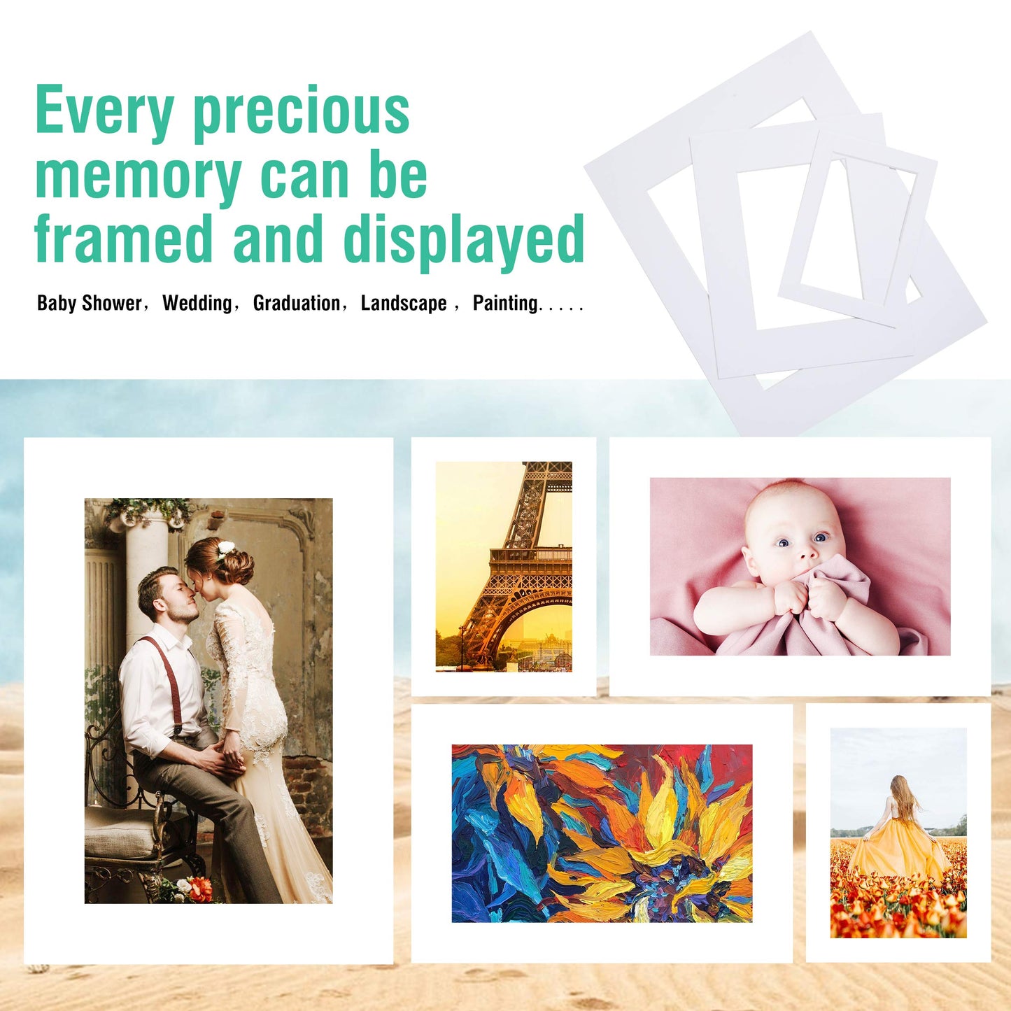 Falling in Art Acid Free 25 Pack 11x14 Pre-Cut Mat Board Show Kit for 8x10 Photos, Prints or Artworks, 25 Core Bevel Cut Matts and 25 Backing Boards and 25 Crystal Plastic Bags, White