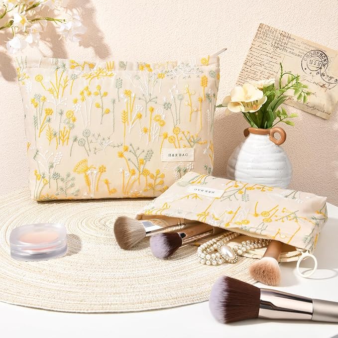 SOIDRAM 2 Pcs Makeup Bag Large Cosmetic Bag Toiletry Bag Makeup Pouch Travel Bag Organizer Cute Makeup Brushes Aesthetic Accessories Storage Bag for Women Wildflower Embroidery