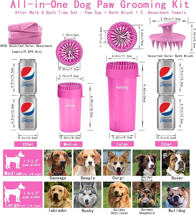 Dog Paw Cleaner Kit for Medium & Small Dogs - Quick Clean No Full Bath, 2-in-1 Paw Wash Cup with Detachable Silicone Brush Head, Includes Bath Brush & 3 Absorbent Towels, Pink