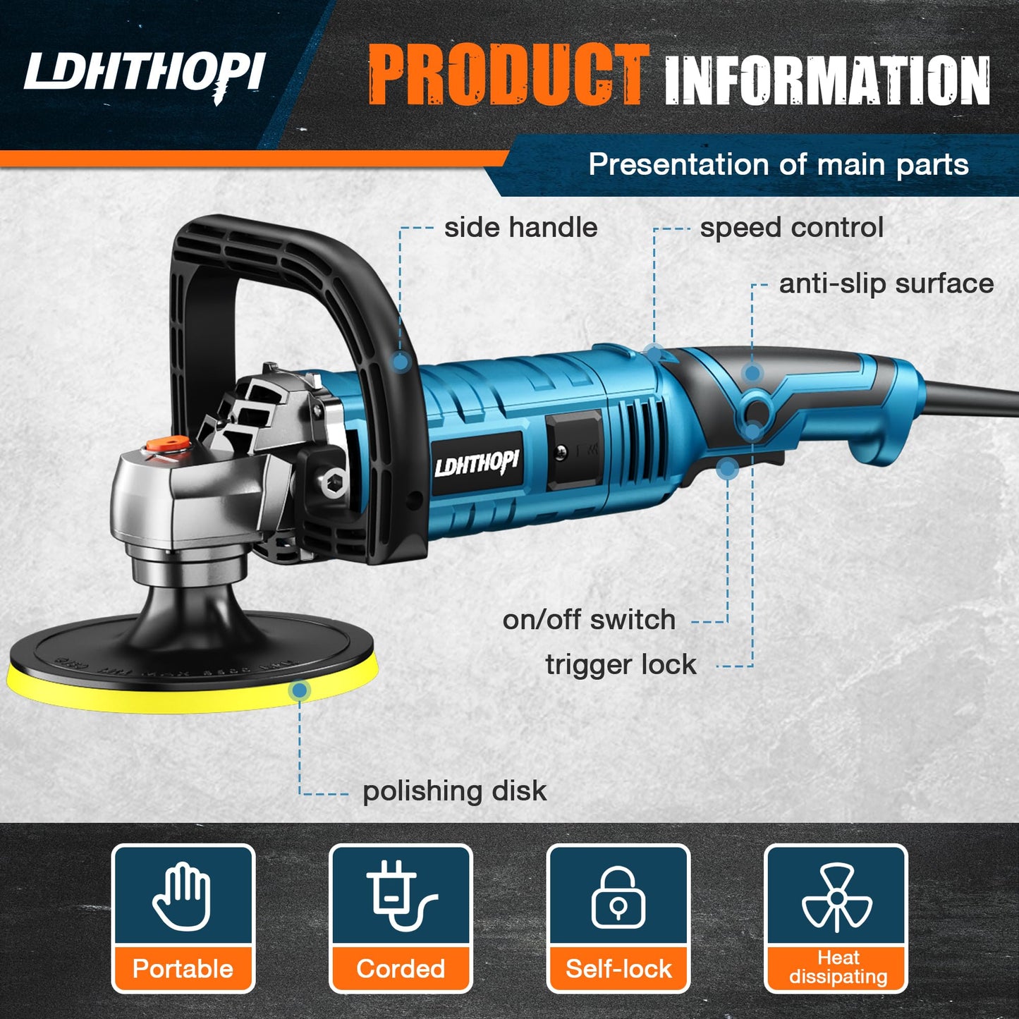 LDHTHOPI Buffer Polisher, 1600W 7 Inch/6 Inch Rotary Buffer Polisher Waxer, 7 Variable Speed 1000-3500 RPM, Detachable Handle for Car, Boat Sanding, Polishing, Waxing