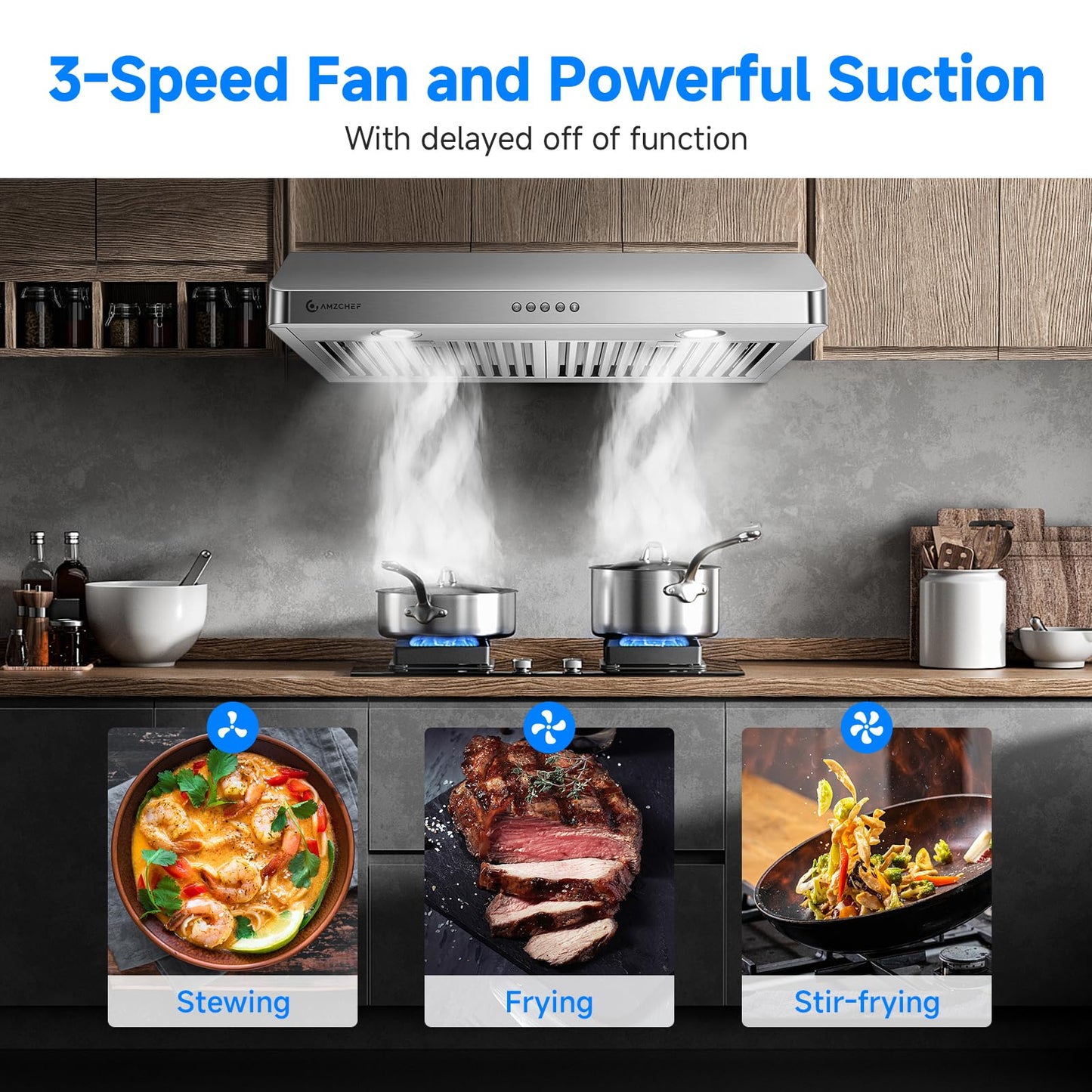 AMZCHEF Under Cabinet Range Hood 30 Inch, 750CFM Stainless Steel Kitchen Stove Vent Hood 3 Speed Exhaust Fan Button Control LED lights Dishwasher-Safe Baffle Filters Three Outlet Design