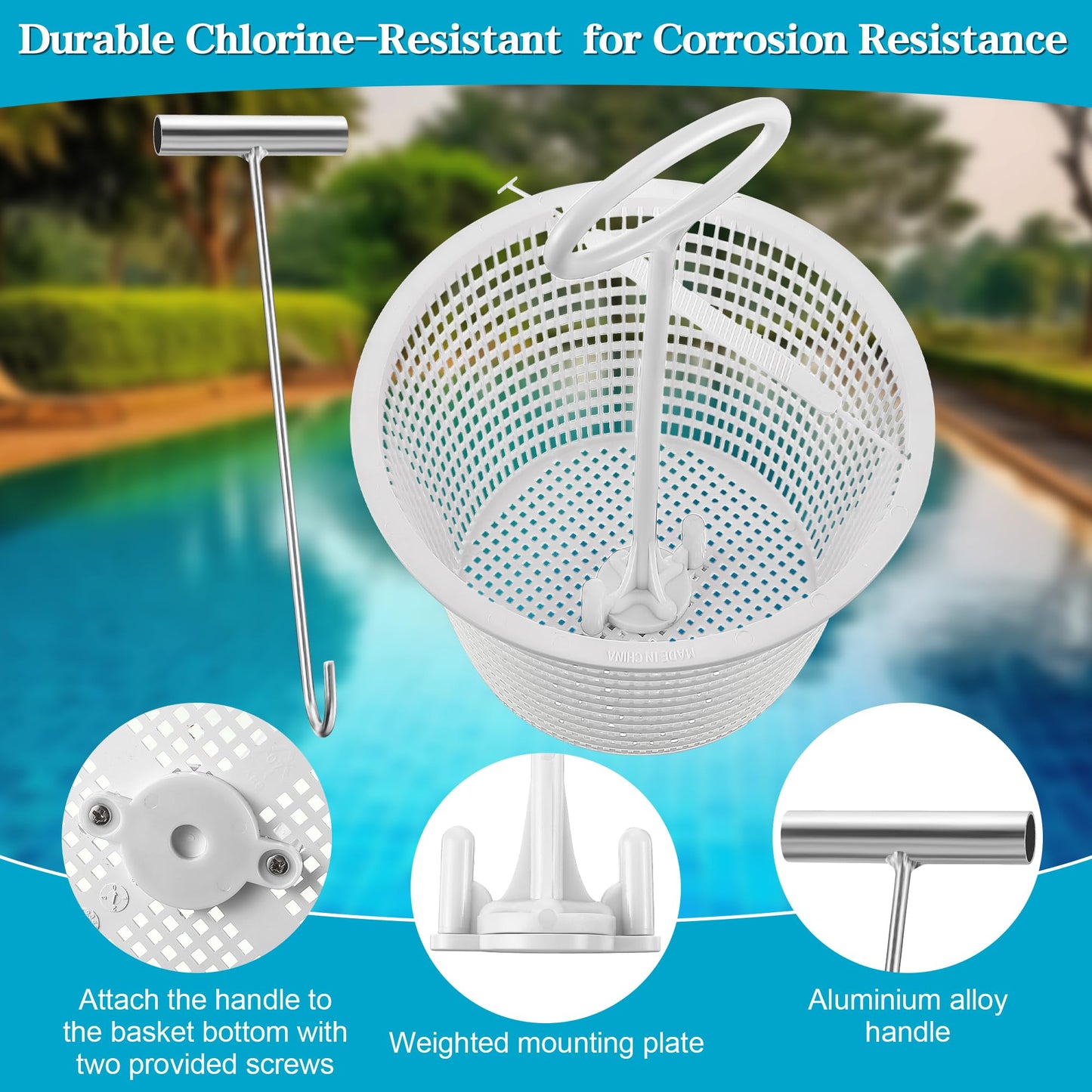 Saillong 2 Set 8" Pool Skimmer Basket for Inground Pool with 2 Skimmer Baskets Handle and 1 Stainless Steel Hook, White Universal Pools Filter Basket Skimmers for Debris Removal, Keep Hands Clean