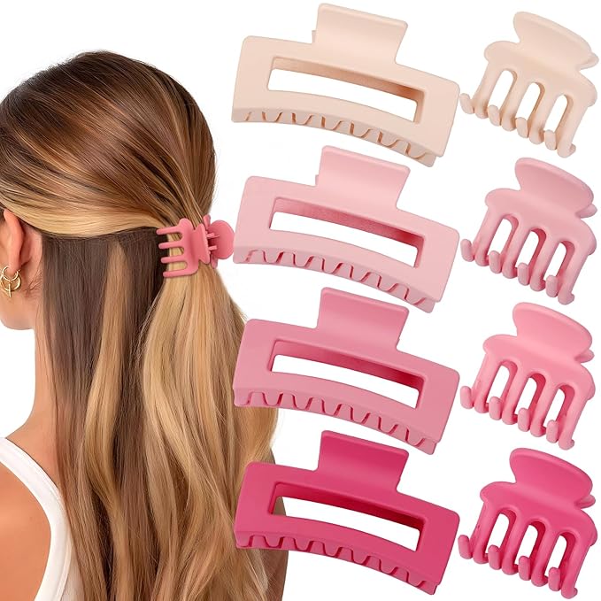 Medium Hair Clips for Women 8 Pcs Small Claw for Thin and Thick Hair 2 Styles Clips for Hair Combination Rectangle Jaw Clips Hair Accessories for Women and Girls (Pink)