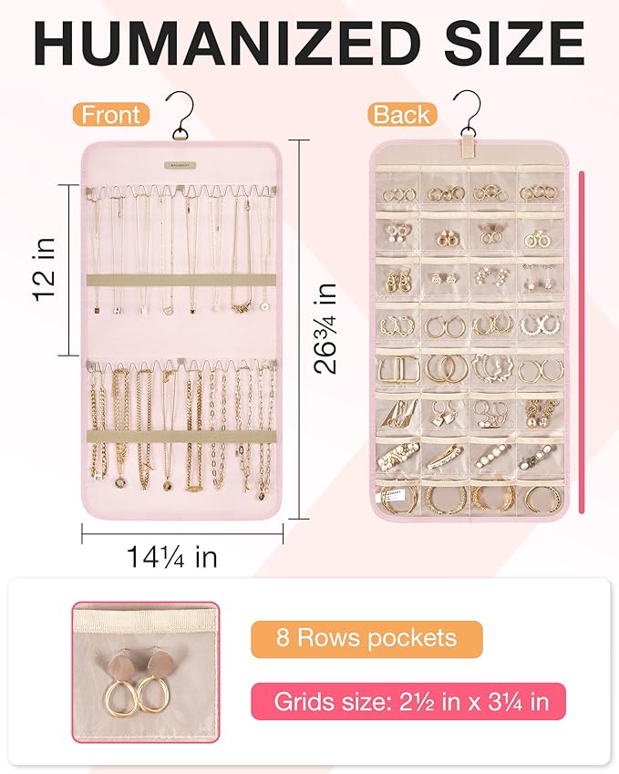 BAGSMART Hanging Jewelry Organizer Storage Roll with Hanger Metal Hooks Double-Sided Jewelry Holder for Earrings, Necklaces, Rings on Closet, Wall, Door, 1 piece, Medium, Pink