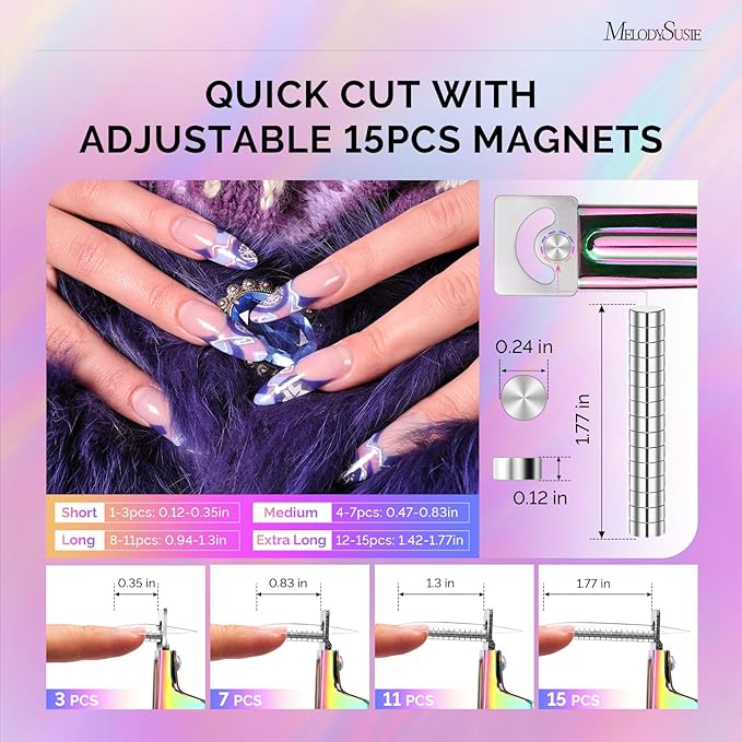 MelodySusie Acrylic Nail Clippers with 15pcs Magnet Sizers, Professional Nail Clippers Cutters for Long Acrylic Gel Nails Tips, Adjustable Stainless Nail Trimmer, Manicure Tool for Salon Home, Rainbow