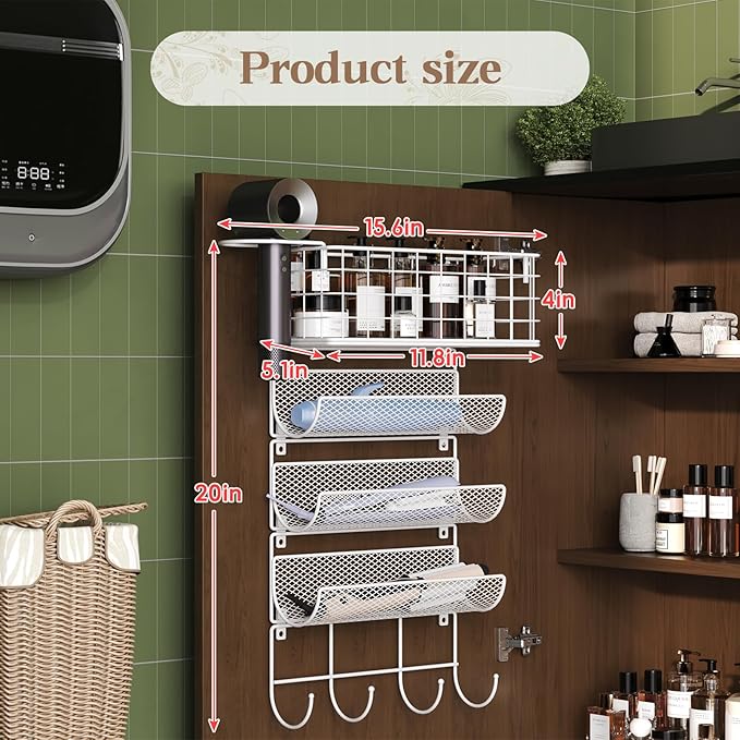 Wall-Mounted Hair Dryer Holder Styling Tool Organizer 4-Shelf Storage Wire Basket with Hook Heat Safe Rack for Hair-Straighteners,Curling Wands,Flat Iron,Cabinet Door Bathroom Kitchen White
