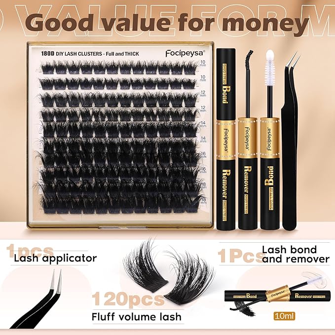 Eyelash Extension Kit Thick Lash Clusters Kit 10-18mm Volume Clusters Lashes 180D Individual Eyelashes Kit with Lash Bond, Lash Remover, Lash Applicator DIY Lash Extension by Focipeysa