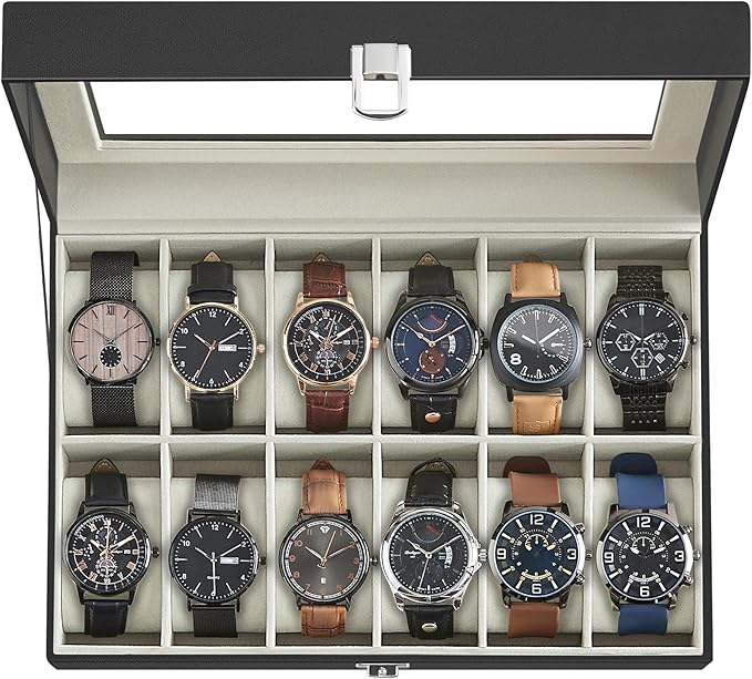 SONGMICS Watch Box, 12-Slot Watch Case Organizer with Large Glass Lid, Removable Pillows, Gift for Loved Ones, Black Synthetic Leather, Greenish Beige Lining UJWB12BE