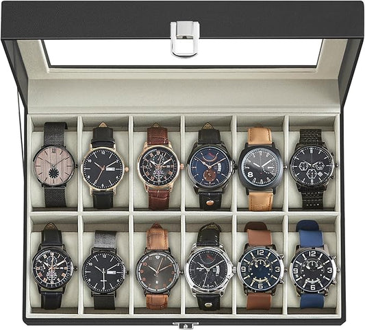 SONGMICS Watch Box, 12-Slot Watch Case Organizer with Large Glass Lid, Removable Pillows, Gift for Loved Ones, Black Synthetic Leather, Greenish Beige Lining UJWB12BE