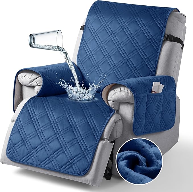 TAOCOCO 100% Waterproof Recliner Chair Cover, Recliner Covers for Recliner Chair with Pocket, Non Slip Reclining Chair Cover Furniture Protector for Kids, Pets(30'', Dark Blue-Velvet)