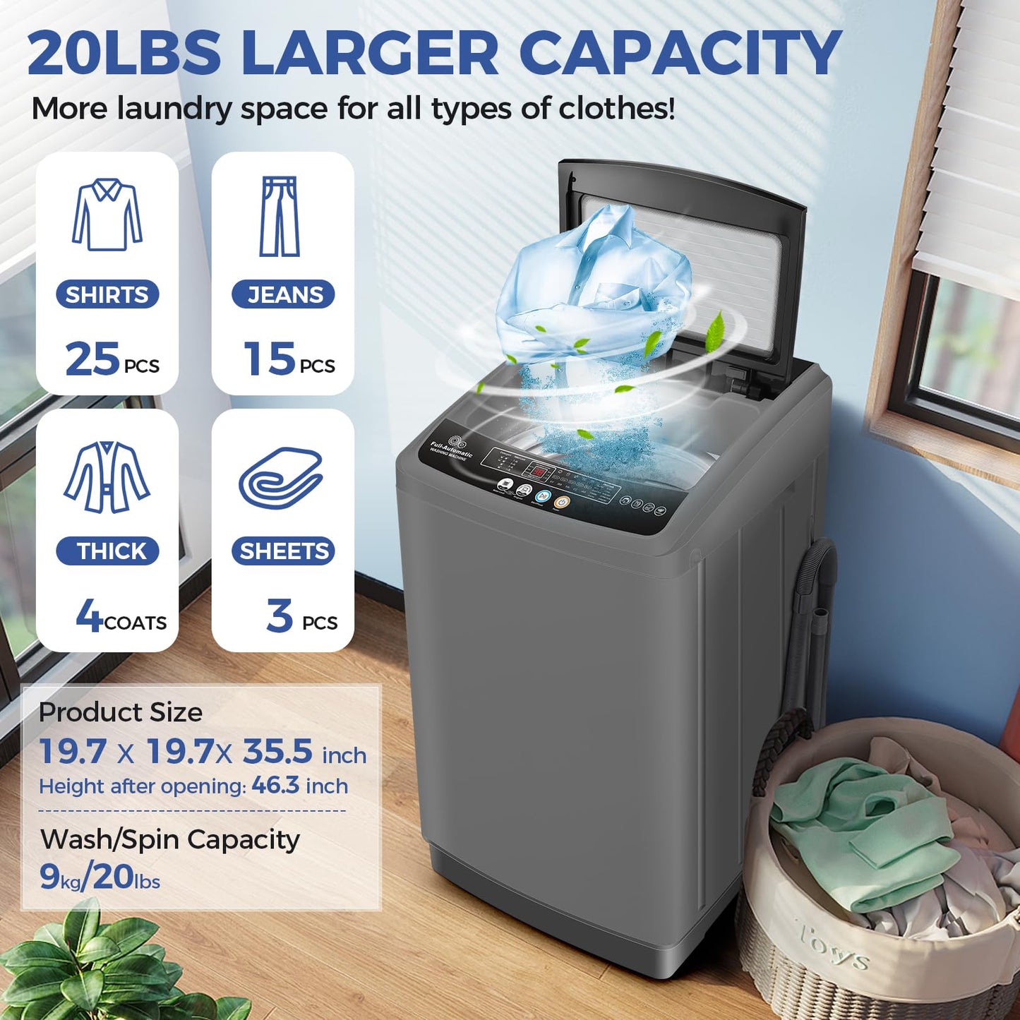 Nictemaw Portable Washing Machine, 20.5Lbs Capacity Full-Automatic Portable Washer Machine, 2.8Cu.ft Washer and Dryer Combo with 10 Programs & 8 Water Levels Laundry Machine for Apartments-Glass Cover