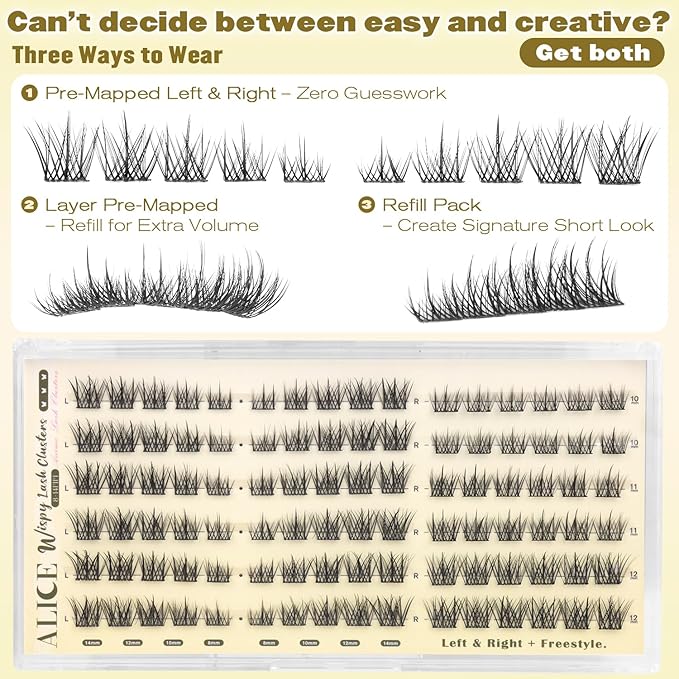 ALICE Natural Short Lash Clusters Wispy 8-12mm Cluster Eyelash Extensions Spiky Individual Lashes C-Curly Lash Extensions Thin Band Eyelash Clusters with Spikes