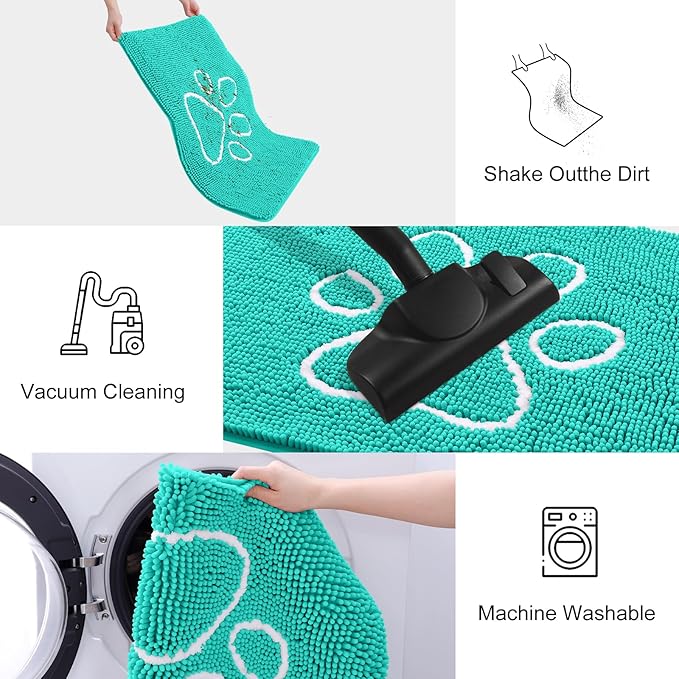 Smiry Dog Door Mat for Muddy Paws, Absorbent Dirt Trapper Non Slip Quick Dry Washable Chenille Mat for Mud Dogs, Entry Rug for Indoor and Outdoor (24x16 Inches, Turquoise and White)