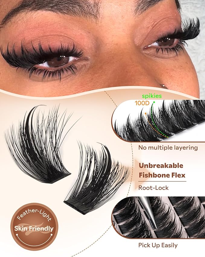 Manga Lash Clusters Kit with Spikes Wispy Fluffy Cluster Eyelash Extensions Kit Anime Eyelashes Clusters Reusable Faux Mink Fairy Individual Lash Extension Kit (D Curve 12-18mm 204 pieces)