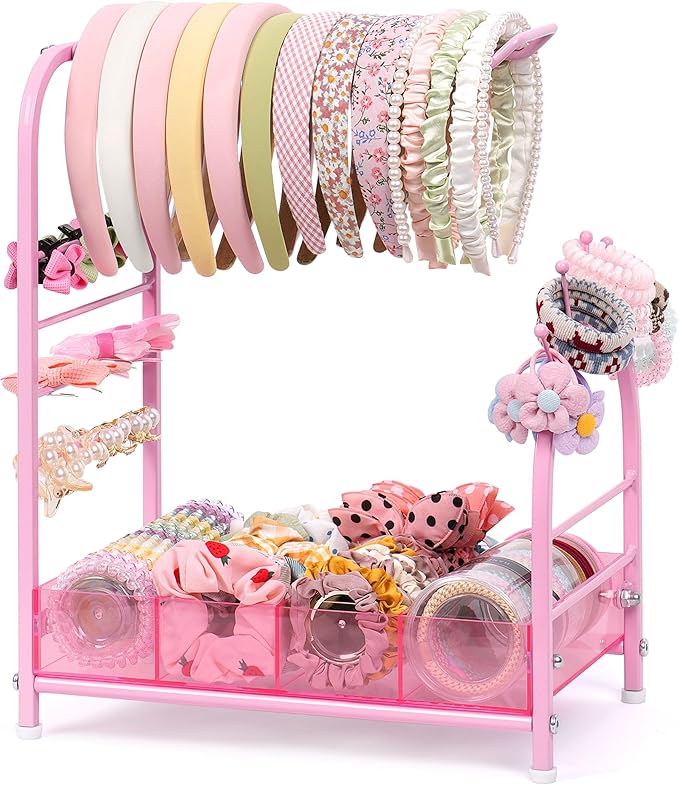 Keebofly Acrylic Hair Accessories Organizer, Versatile Headband Holder Stand for Scrunchies, Bows, Claw Clips, Hair Tie, Compact Hair Organizer Storage Container for Girls, Women, Babies, Soft Pink